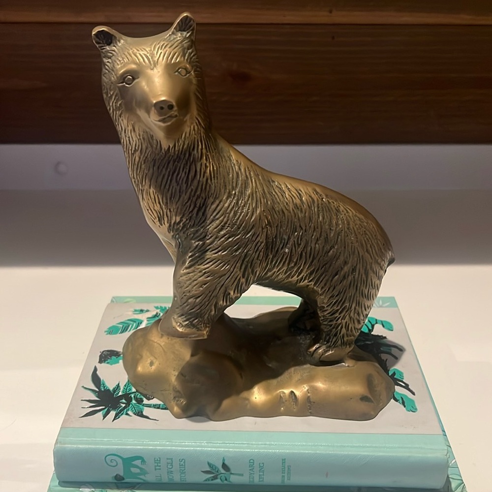Mid Century Modern Brass Patina Bear On Rock